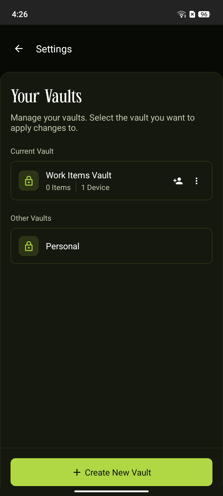Your Vaults screen with the menu icon next to the current vault