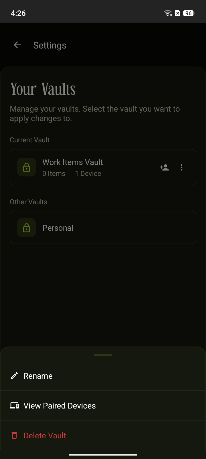 Bottom sheet menu with Delete Vault option